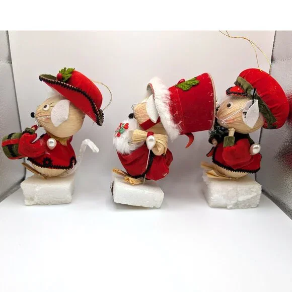 Vintage KURT ADLER Christmas Ornament Corn Husk Mice Trio, Corn Husk Mouse